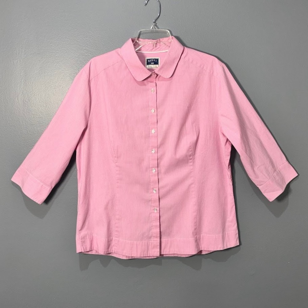 Riders by Lee Button Up Shirt Womens 18W Pink Stripe Easy Care 3/4 Sleeve Preppy